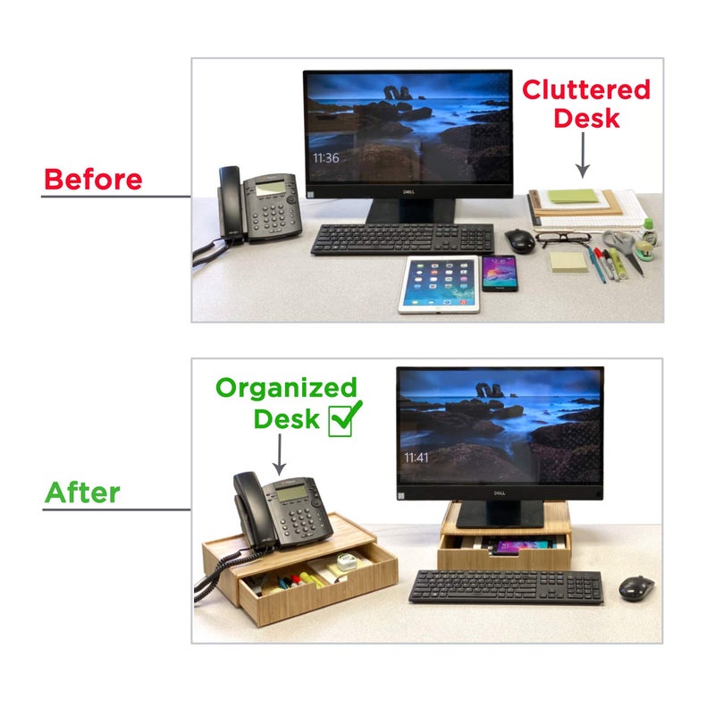 MobileVision Bamboo Telephone Stand with Drawer Stackable Storage Solution for Office Products Pens, Pencils, Scissors, Notepads, Business Cards and More - Image 5
